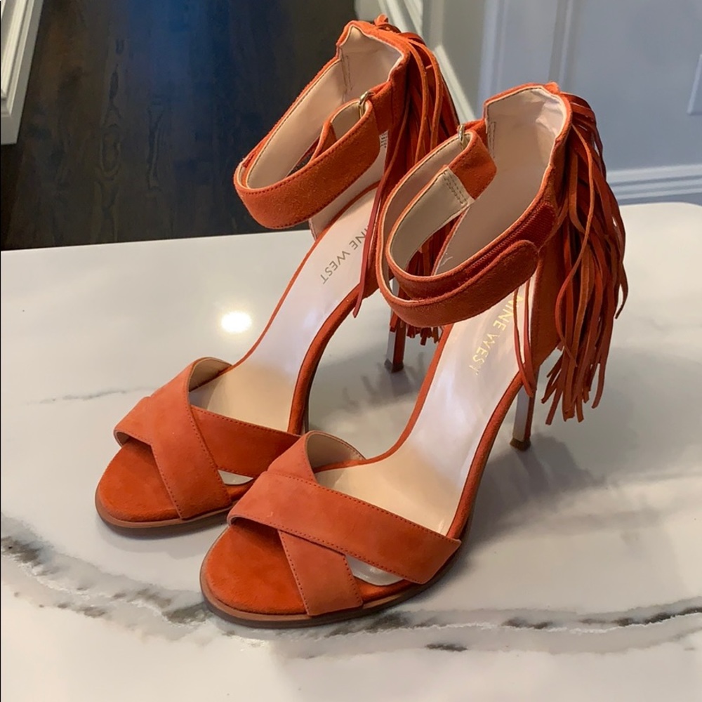 Nine West Orange Suede Fringe Statement Heels